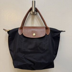 Longchamp Le Pliage Women's Tote Bag Small Black Brown Leather Gold Accents